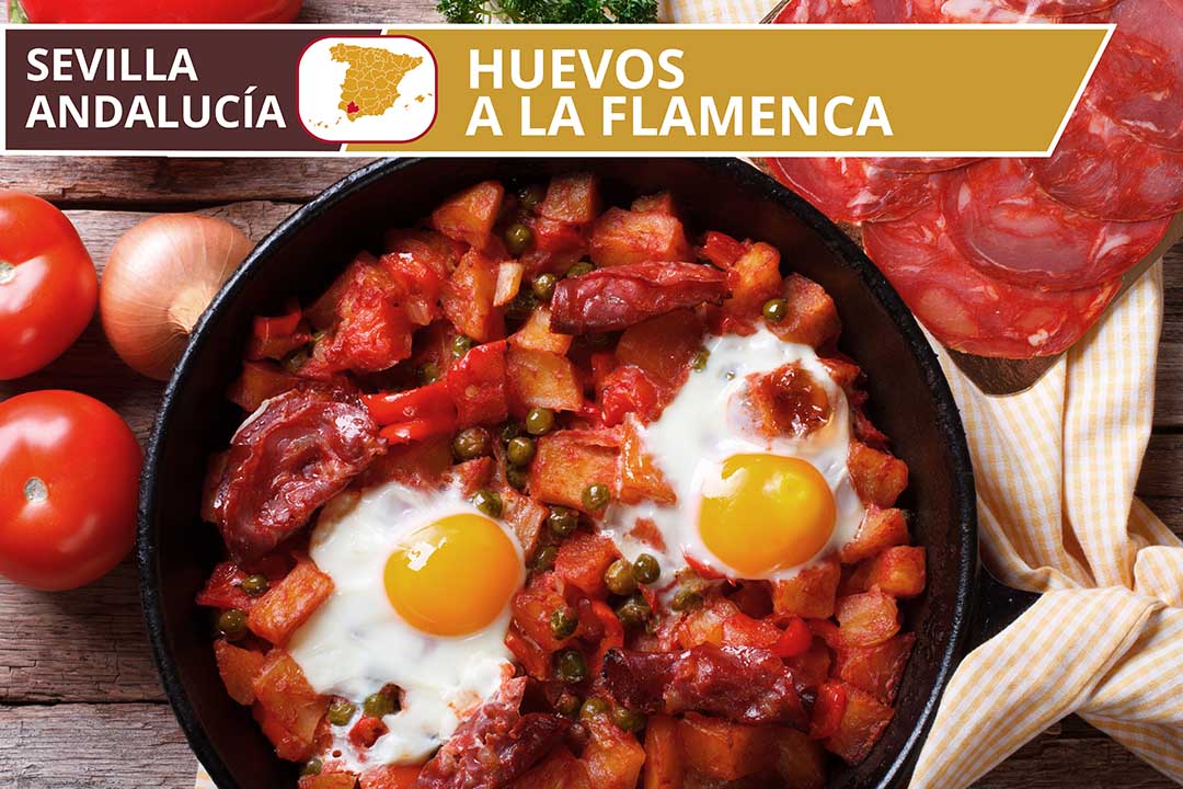 Œufs à la flamenca, avec chorizo et jambon, une spécialité andalouse à ...