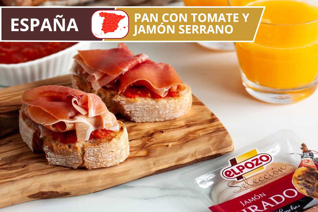 Brot mit Tomate und Serrano Schinken, ein in Spanien sehr ...